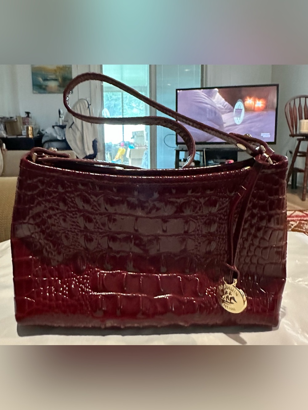 Brahmin Croc-Embossed Leather Shoulder Bag in Deep Burgundy - Picture 2 of 10